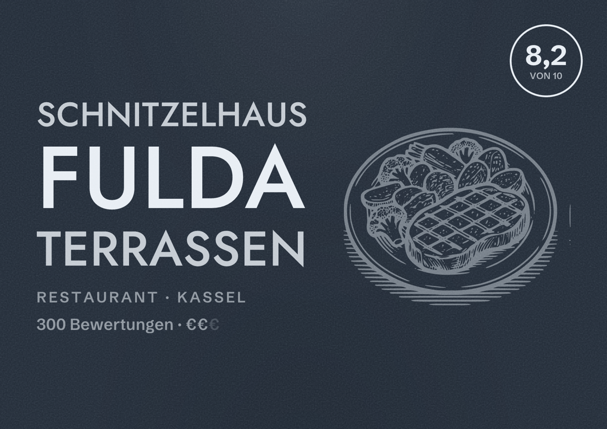 Illustriertes Poster von Schnitzelhaus Fulda Terrassen, Restaurant in Kassel: Bewertung 8,2 von 10 aus 300 Bewertungen, Preisniveau €€