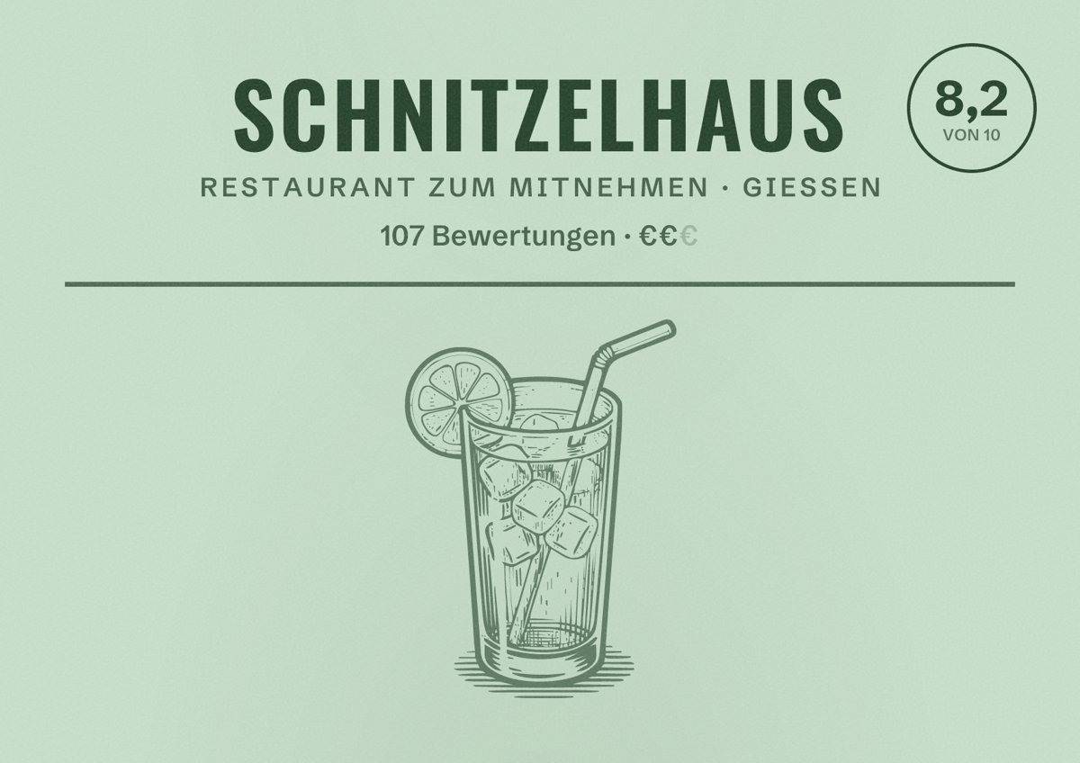 Illustriertes Poster von Schnitzelhaus, Restaurant zum Mitnehmen in Gießen: Bewertung 8,2 von 10 aus 107 Bewertungen, Preisniveau €€