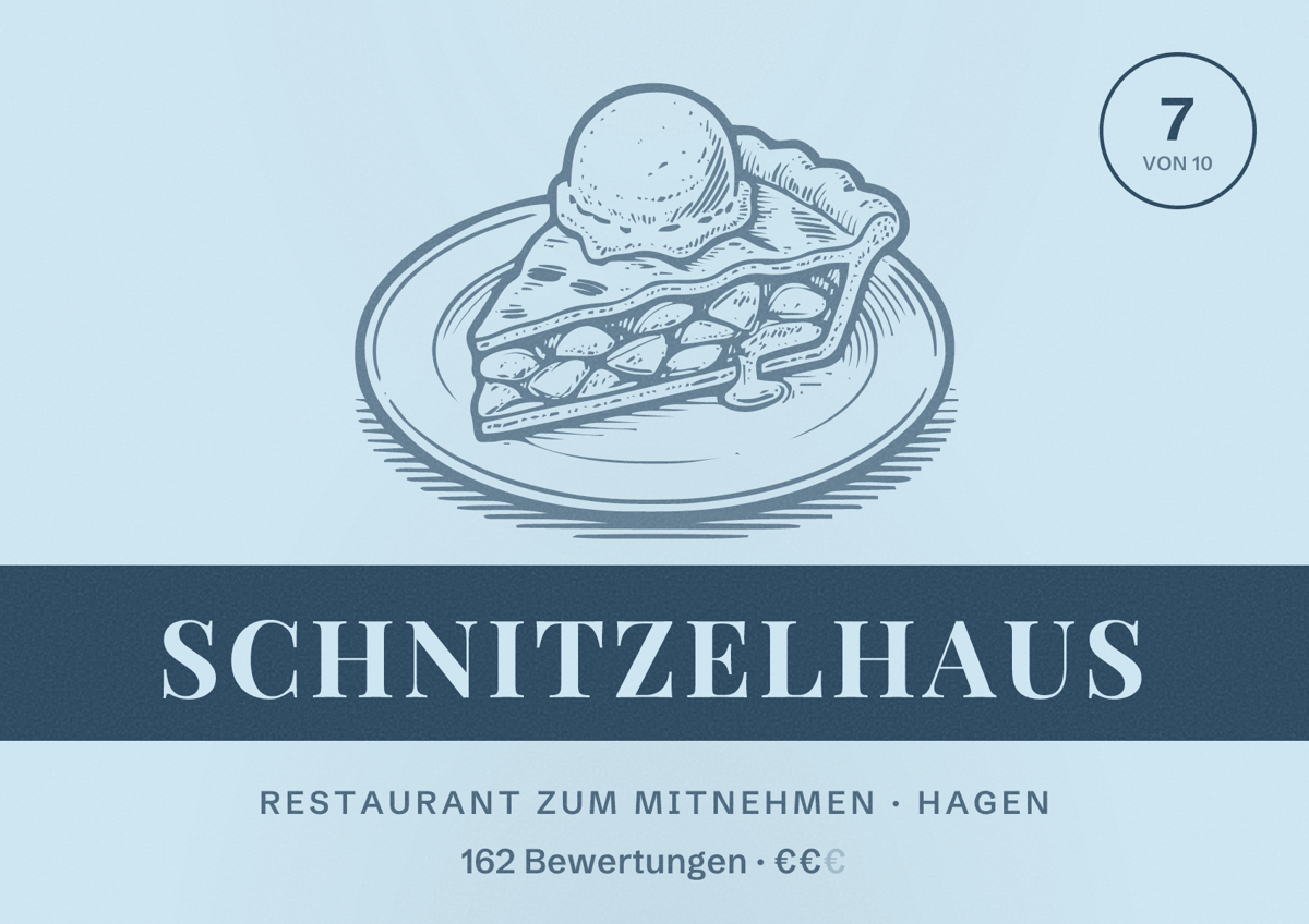 Illustriertes Poster von Schnitzelhaus, Restaurant zum Mitnehmen in Hagen: Bewertung 7 von 10 aus 162 Bewertungen, Preisniveau €€