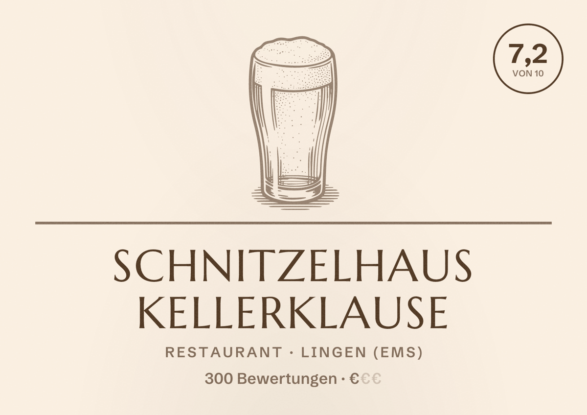 Illustriertes Poster von Schnitzelhaus Kellerklause, Restaurant in Lingen (Ems): Bewertung 7,2 von 10 aus 300 Bewertungen, Preisniveau €