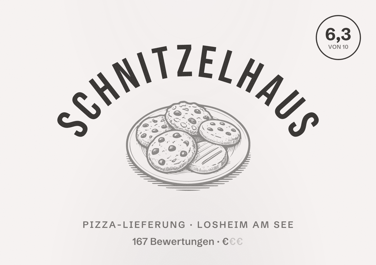 Illustriertes Poster von Schnitzelhaus, Pizza-Lieferung in Losheim am See: Bewertung 6,3 von 10 aus 167 Bewertungen, Preisniveau €