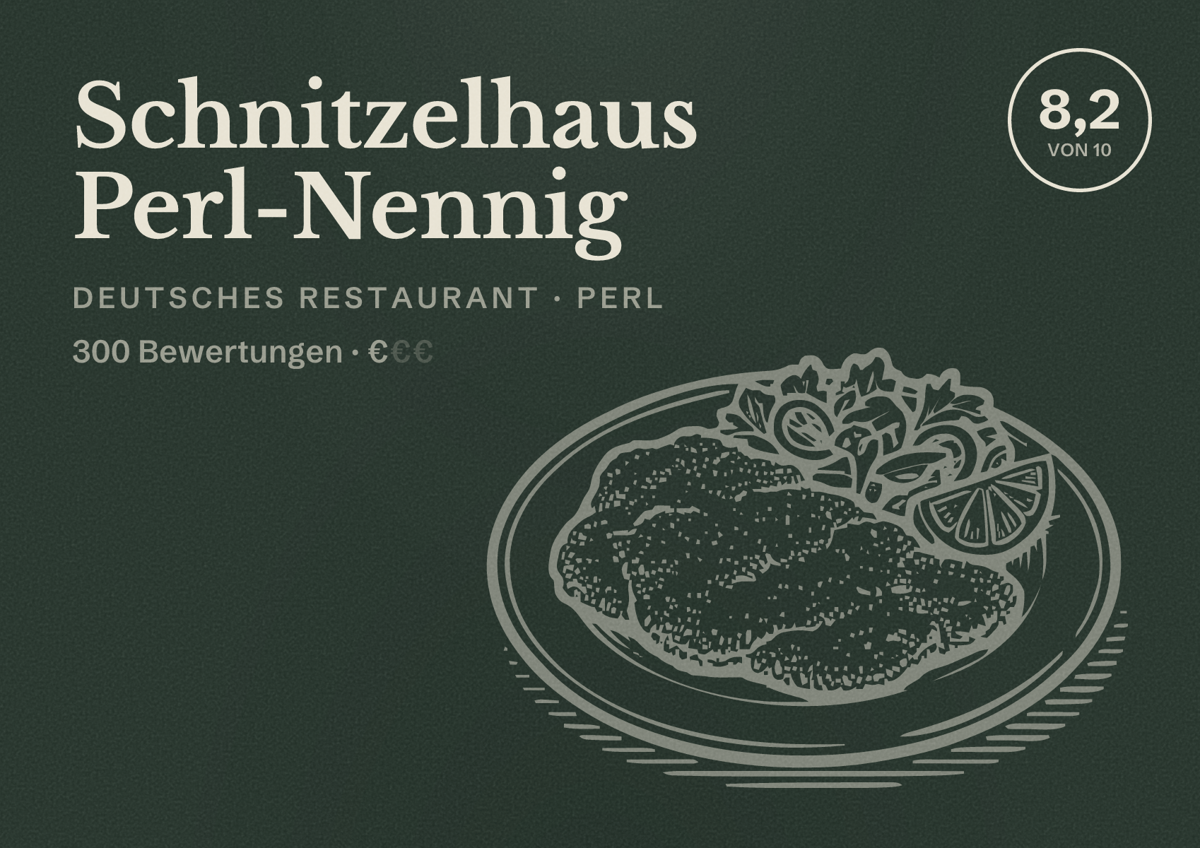 Illustriertes Poster von Schnitzelhaus Perl-Nennig, Deutsches Restaurant in Perl: Bewertung 8,2 von 10 aus 300 Bewertungen, Preisniveau €