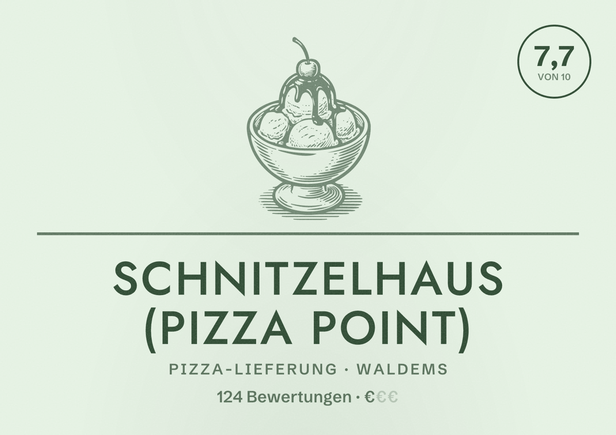 Illustriertes Poster von Schnitzelhaus (Pizza Point), Pizza-Lieferung in Waldems: Bewertung 7,7 von 10 aus 124 Bewertungen, Preisniveau €