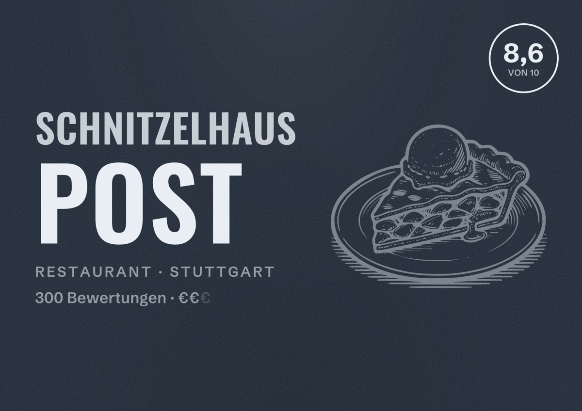 Illustriertes Poster von Schnitzelhaus Post, Restaurant in Stuttgart: Bewertung 8,6 von 10 aus 300 Bewertungen, Preisniveau €€