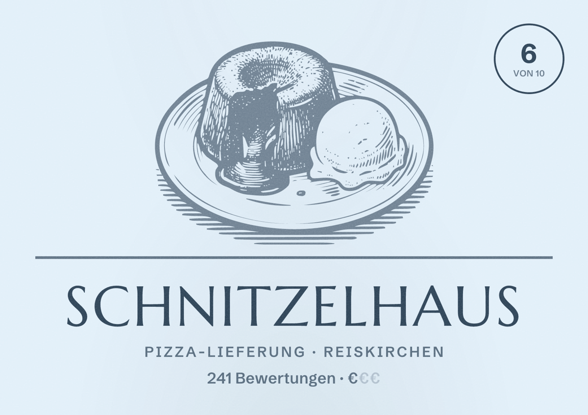 Illustriertes Poster von Schnitzelhaus, Pizza-Lieferung in Reiskirchen: Bewertung 6 von 10 aus 241 Bewertungen, Preisniveau €
