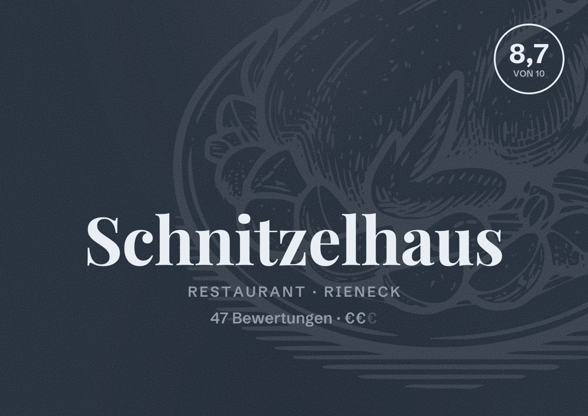 Illustriertes Poster von Schnitzelhaus, Restaurant in Rieneck: Bewertung 8,7 von 10 aus 47 Bewertungen, Preisniveau €€