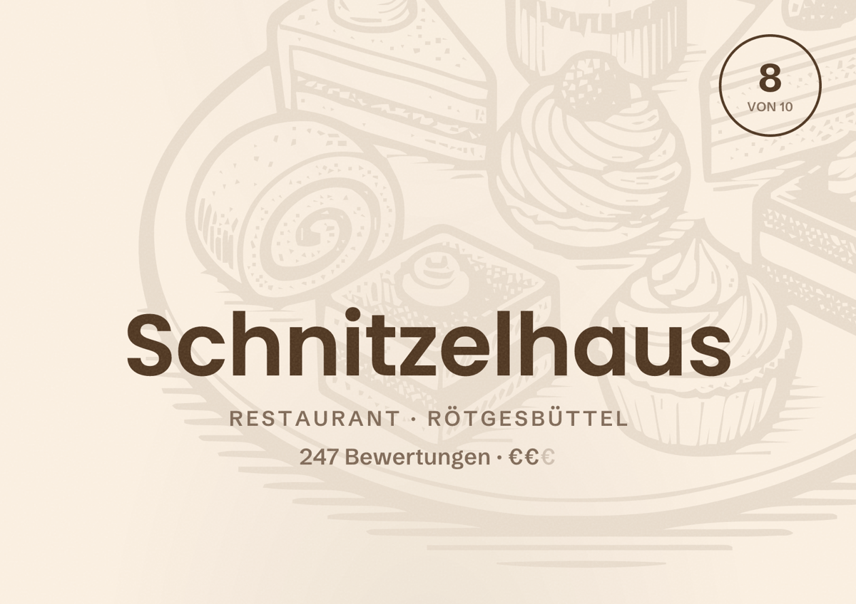Illustriertes Poster von Schnitzelhaus, Restaurant in Rötgesbüttel: Bewertung 8 von 10 aus 247 Bewertungen, Preisniveau €€