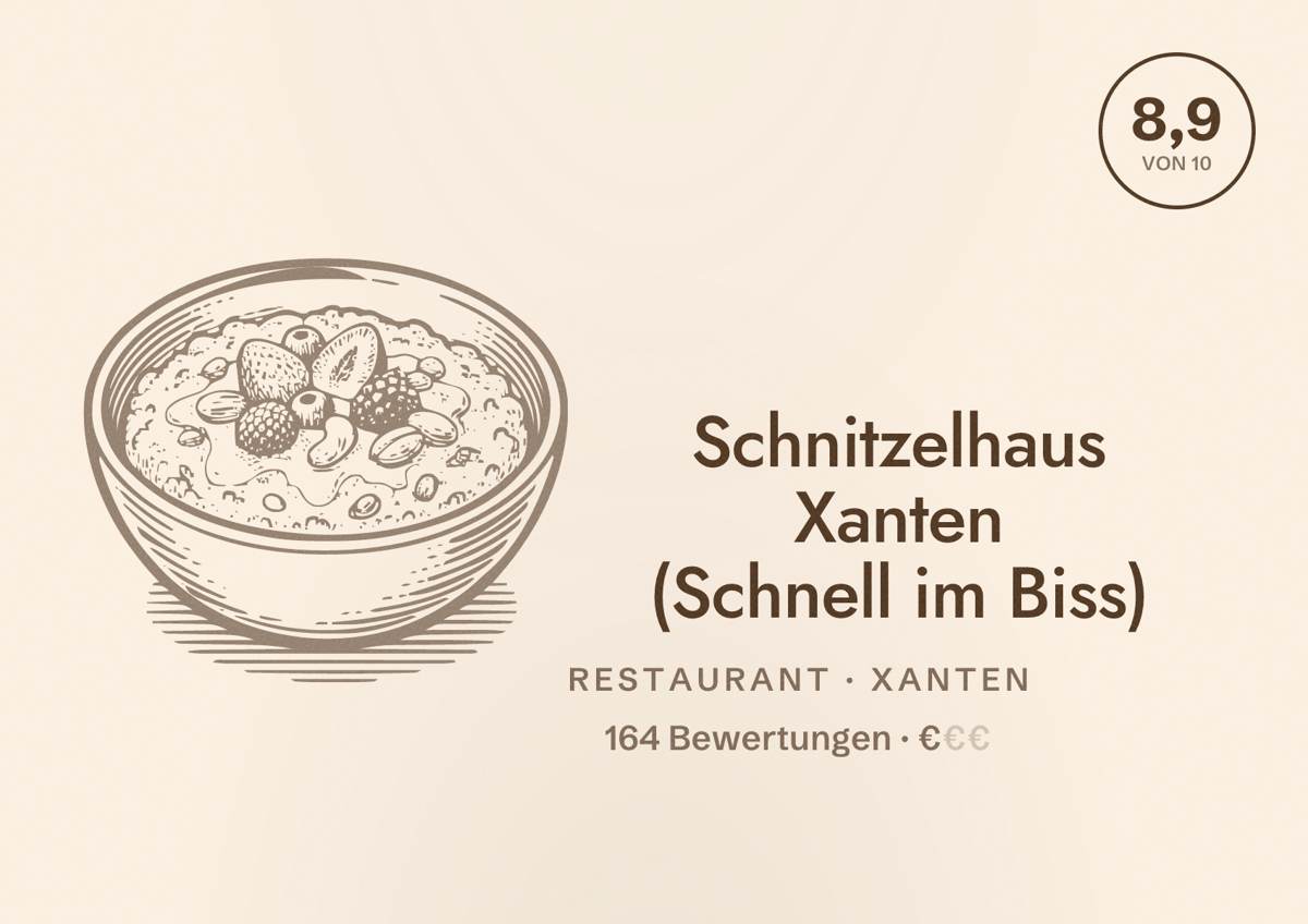 Illustriertes Poster von Schnitzelhaus Xanten (Schnell im Biss), Restaurant in Xanten: Bewertung 8,9 von 10 aus 164 Bewertungen, Preisniveau €