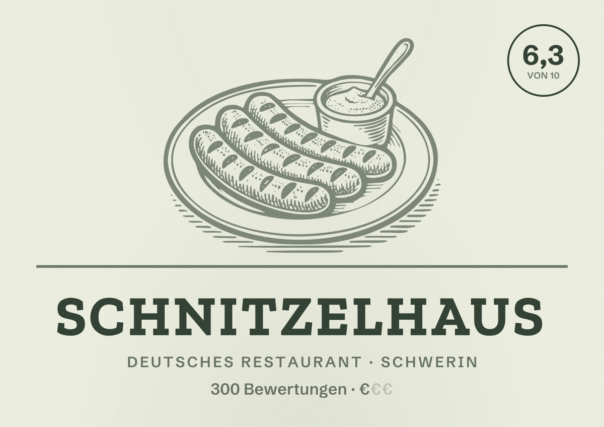 Illustriertes Poster von Schnitzelhaus, Deutsches Restaurant in Schwerin: Bewertung 6,3 von 10 aus 300 Bewertungen, Preisniveau €