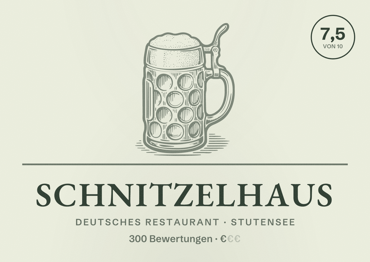 Illustriertes Poster von Schnitzelhaus, Deutsches Restaurant in Stutensee: Bewertung 7,5 von 10 aus 300 Bewertungen, Preisniveau €