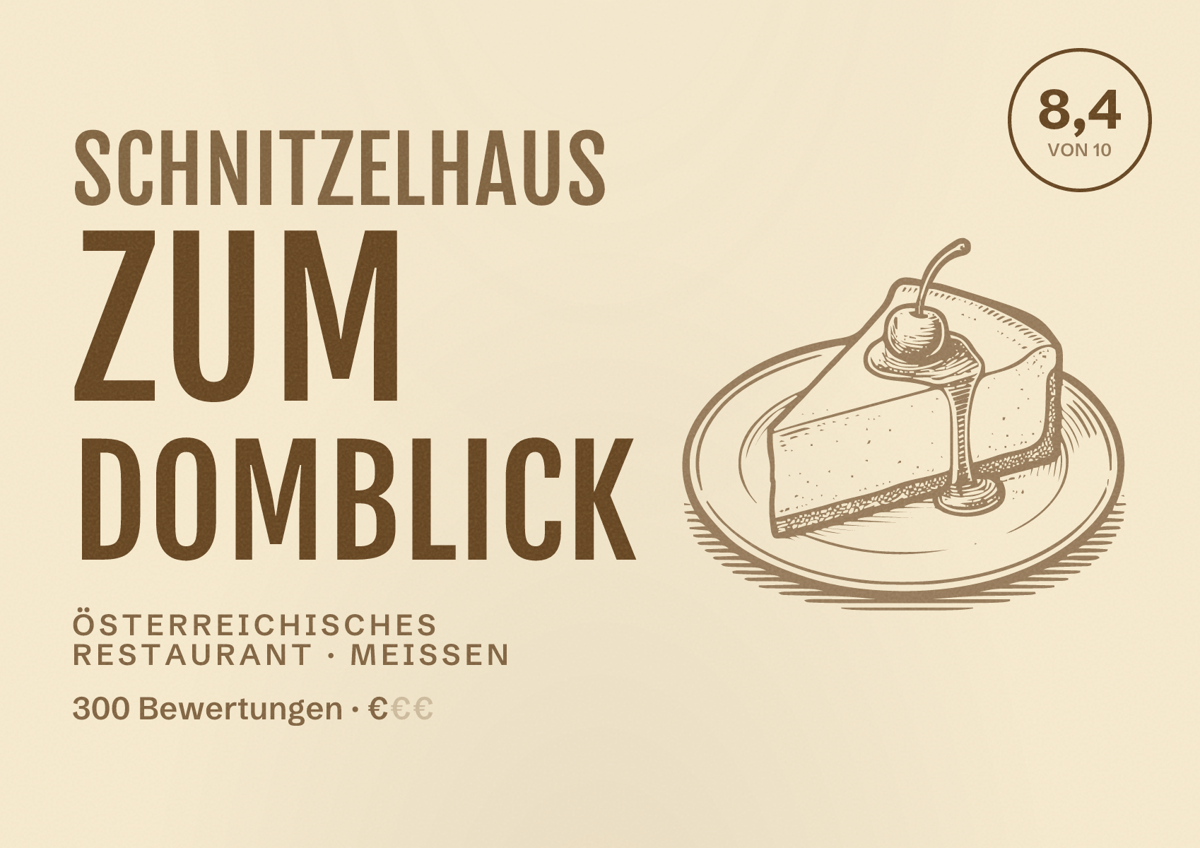 Illustriertes Poster von Schnitzelhaus Zum Domblick, Österreichisches Restaurant in Meißen: Bewertung 8,4 von 10 aus 300 Bewertungen, Preisniveau €