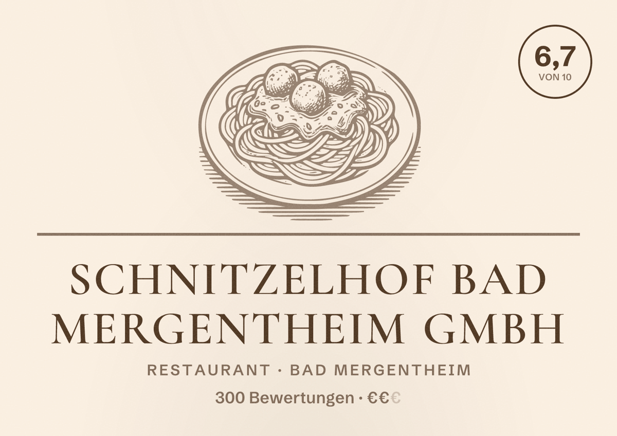 Illustriertes Poster von Schnitzelhof Bad Mergentheim GmbH, Restaurant in Bad Mergentheim: Bewertung 6,7 von 10 aus 300 Bewertungen, Preisniveau €€