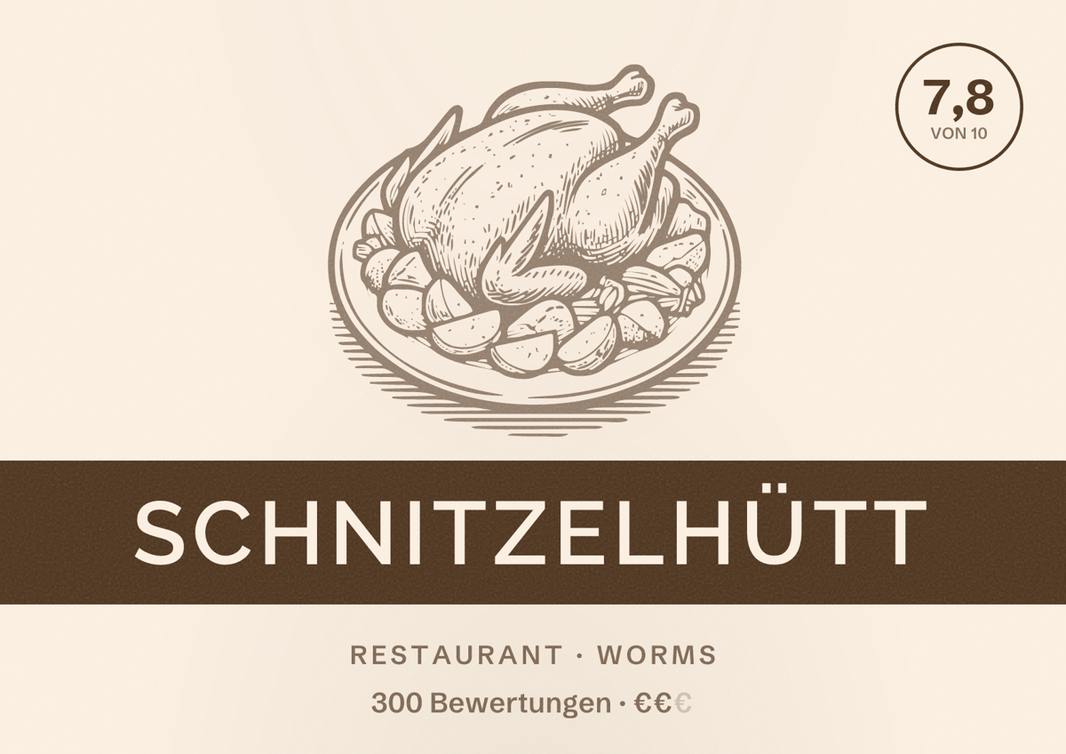 Illustriertes Poster von Schnitzelhütt, Restaurant in Worms: Bewertung 7,8 von 10 aus 300 Bewertungen, Preisniveau €€