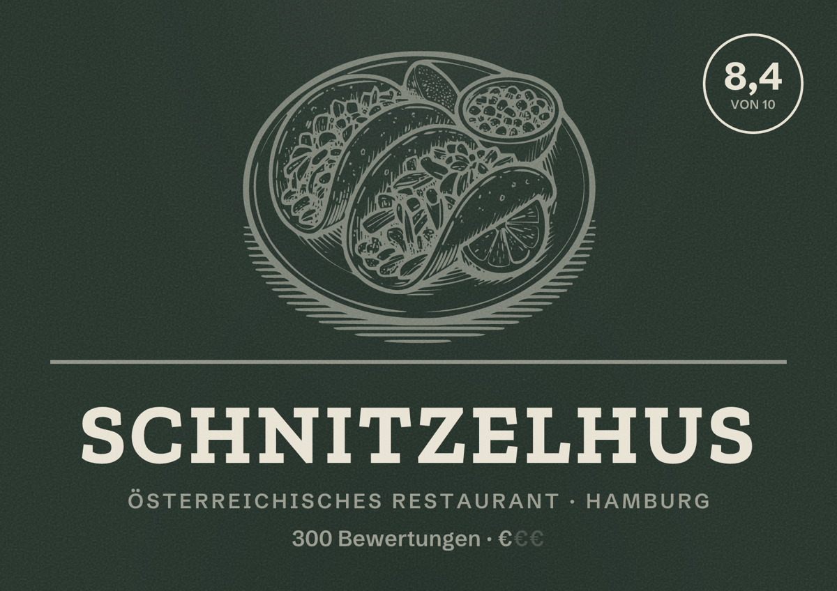 Illustriertes Poster von Schnitzelhus, Österreichisches Restaurant in Hamburg: Bewertung 8,4 von 10 aus 300 Bewertungen, Preisniveau €