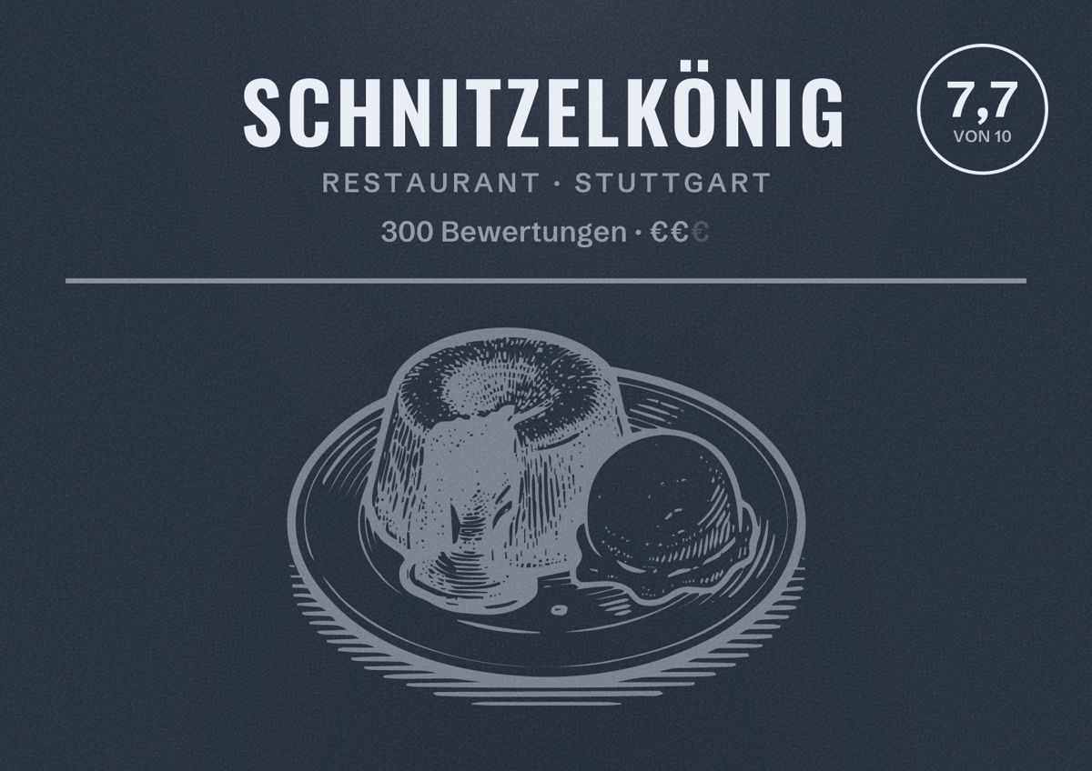 Illustriertes Poster von Schnitzelkönig, Restaurant in Stuttgart: Bewertung 7,7 von 10 aus 300 Bewertungen, Preisniveau €€