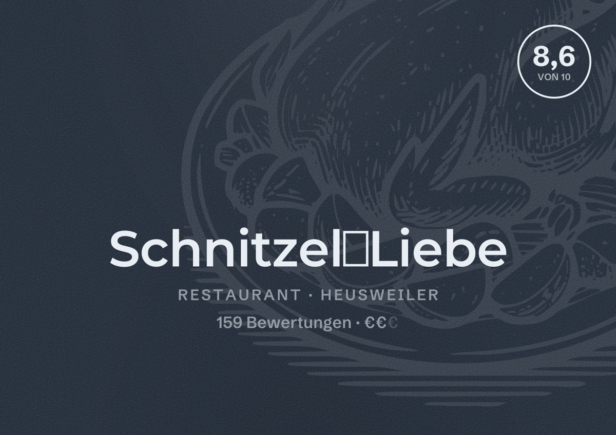 Illustriertes Poster von Schnitzel🩶Liebe, Restaurant in Heusweiler: Bewertung 8,6 von 10 aus 159 Bewertungen, Preisniveau €€