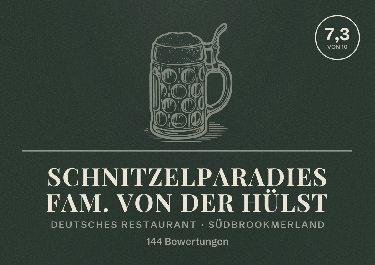 Illustriertes Poster von Schnitzelparadies Fam. Von der Hülst, Deutsches Restaurant in Südbrookmerland: Bewertung 7,3 von 10 aus 144 Bewertungen