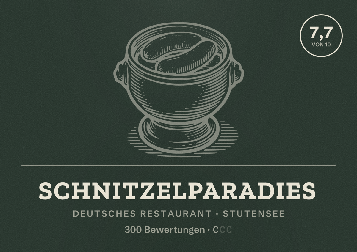 Illustriertes Poster von Schnitzelparadies, Deutsches Restaurant in Stutensee: Bewertung 7,7 von 10 aus 300 Bewertungen, Preisniveau €