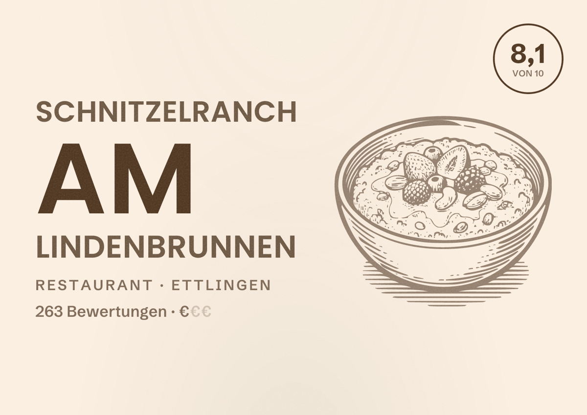 Illustriertes Poster von Schnitzelranch Am Lindenbrunnen, Restaurant in Ettlingen: Bewertung 8,1 von 10 aus 263 Bewertungen, Preisniveau €