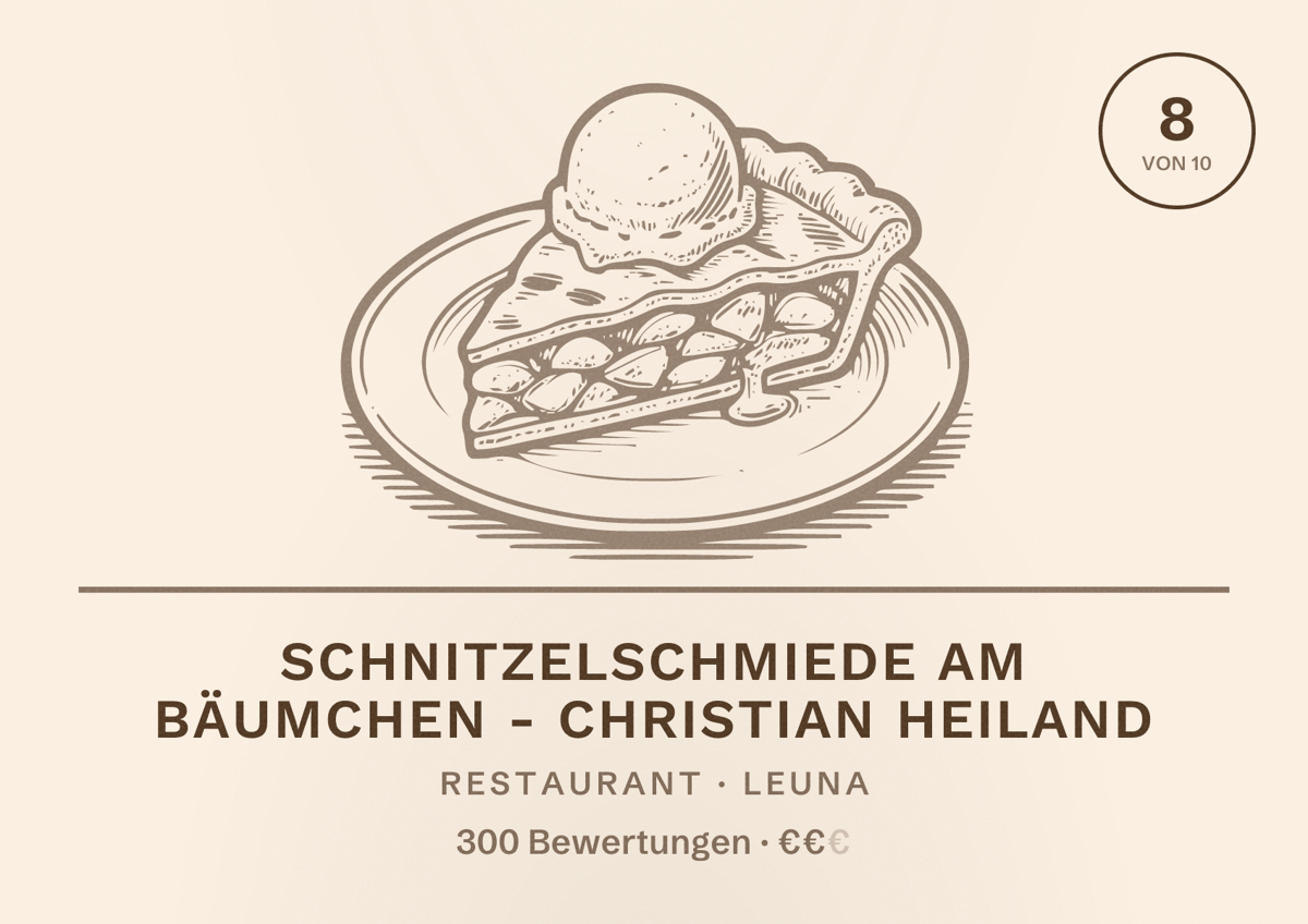 Illustriertes Poster von Schnitzelschmiede am Bäumchen - Christian Heiland, Restaurant in Leuna: Bewertung 8 von 10 aus 300 Bewertungen, Preisniveau €€
