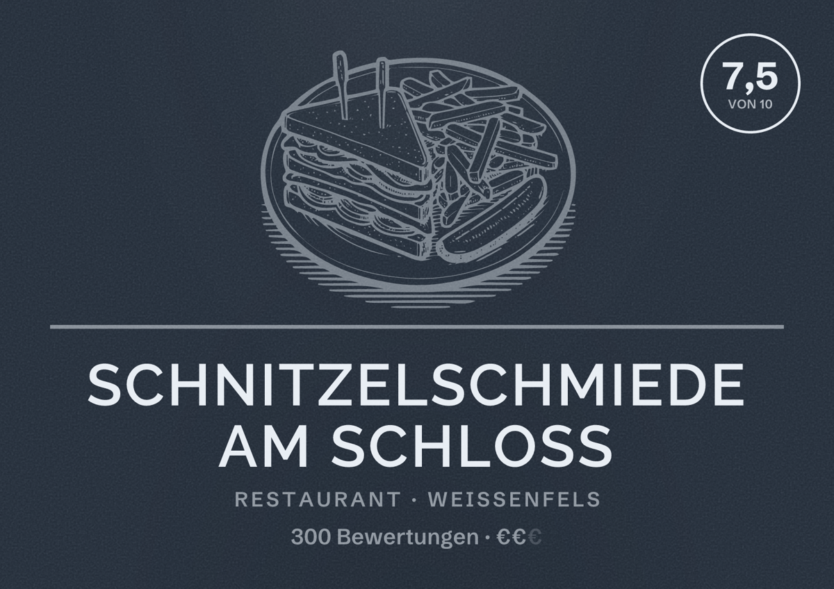 Illustriertes Poster von Schnitzelschmiede am Schloss, Restaurant in Weißenfels: Bewertung 7,5 von 10 aus 300 Bewertungen, Preisniveau €€