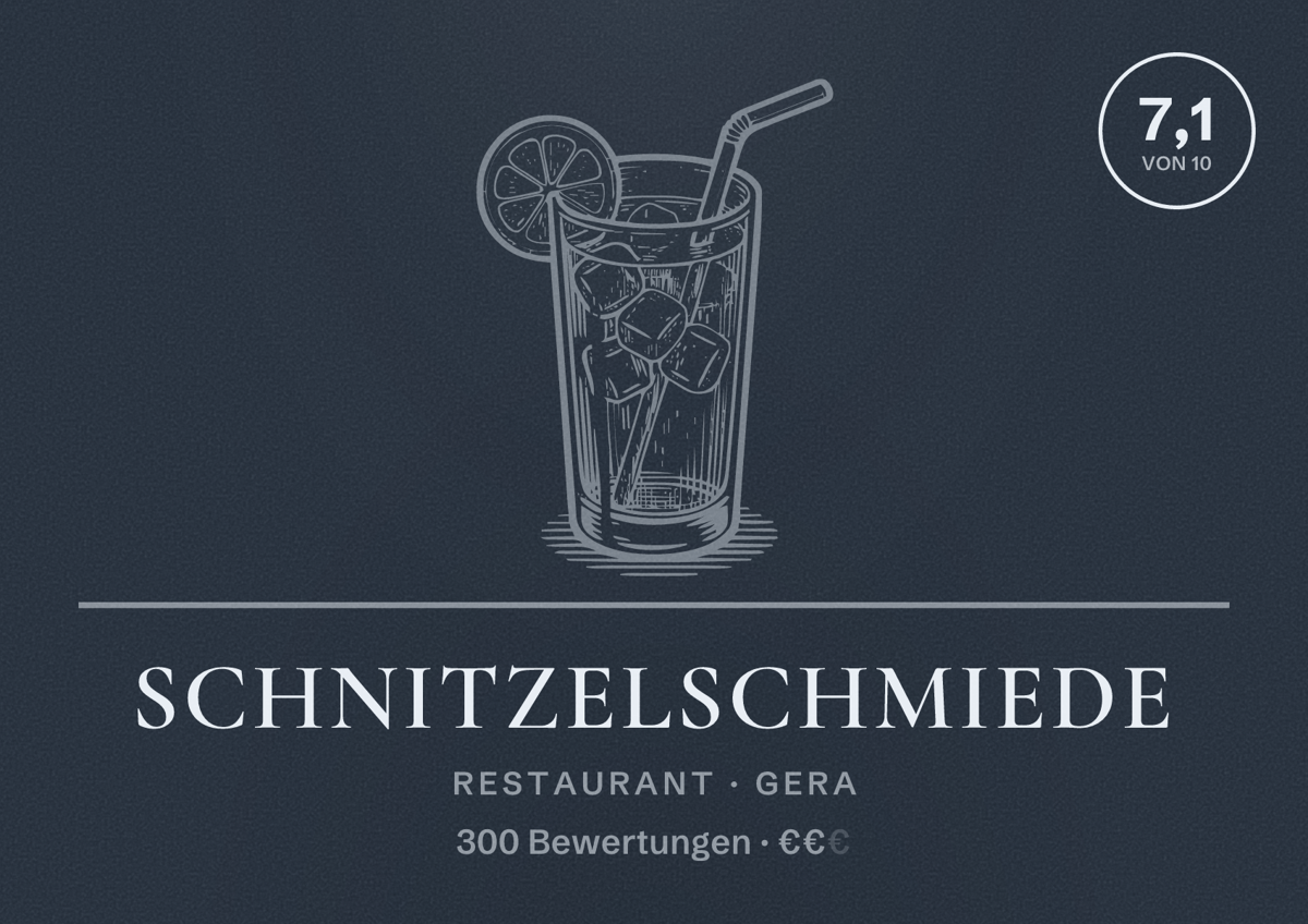 Illustriertes Poster von Schnitzelschmiede, Restaurant in Gera: Bewertung 7,1 von 10 aus 300 Bewertungen, Preisniveau €€
