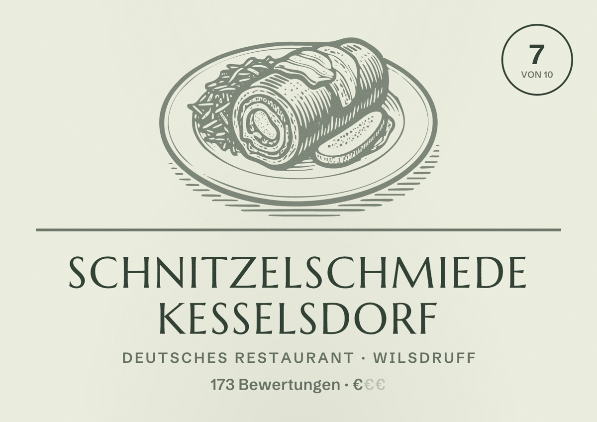 Illustriertes Poster von Schnitzelschmiede Kesselsdorf, Deutsches Restaurant in Wilsdruff: Bewertung 7 von 10 aus 173 Bewertungen, Preisniveau €