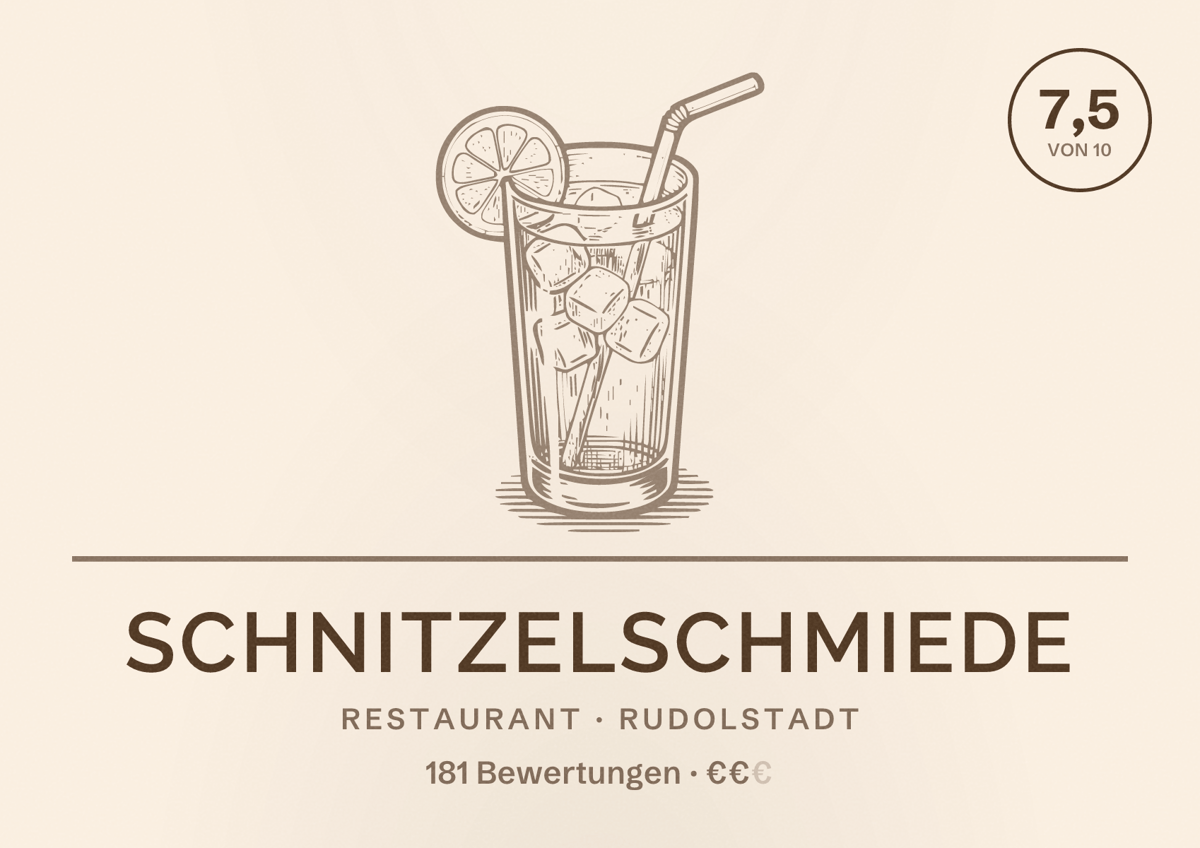 Illustriertes Poster von Schnitzelschmiede, Restaurant in Rudolstadt: Bewertung 7,5 von 10 aus 181 Bewertungen, Preisniveau €€