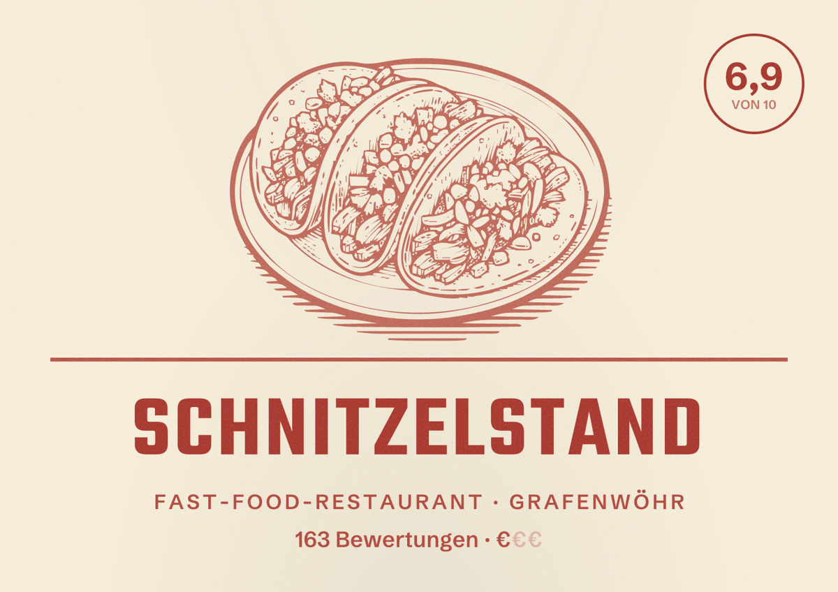 Illustriertes Poster von Schnitzelstand, Fast-Food-Restaurant in Grafenwöhr: Bewertung 6,9 von 10 aus 163 Bewertungen, Preisniveau €