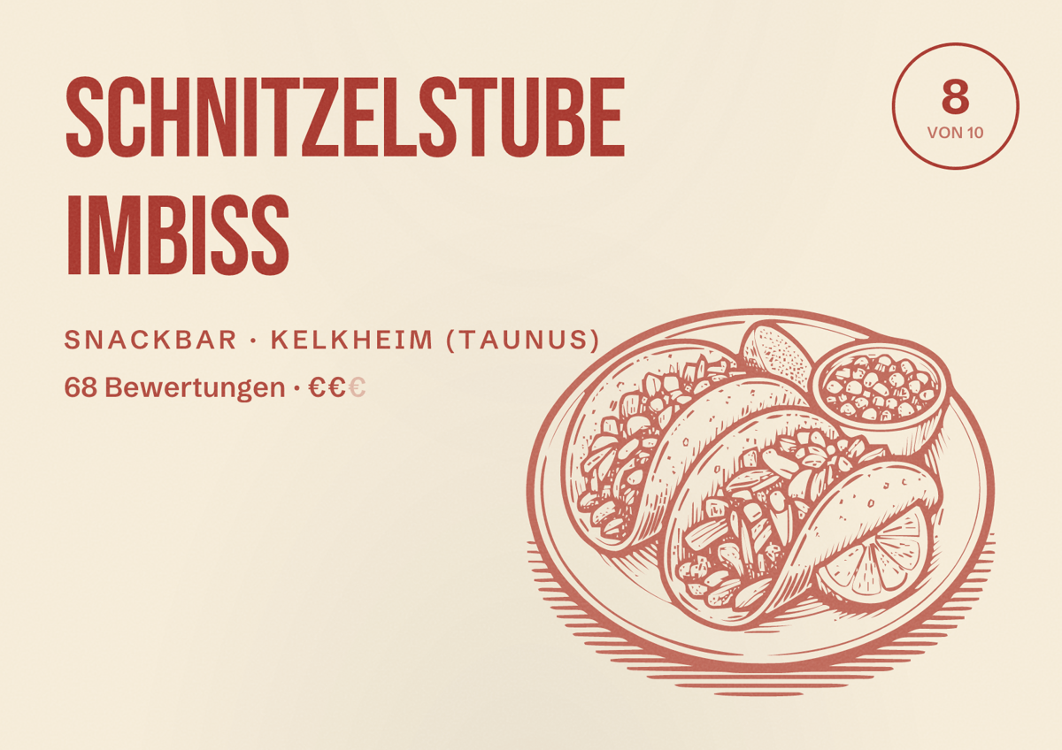 Illustriertes Poster von schnitzelstube imbiss, Snackbar in Kelkheim (Taunus): Bewertung 8 von 10 aus 68 Bewertungen, Preisniveau €€