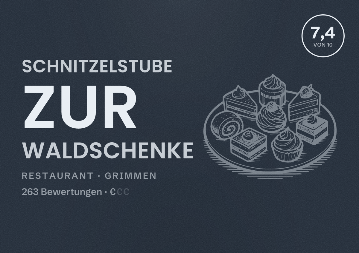 Illustriertes Poster von Schnitzelstube Zur Waldschenke, Restaurant in Grimmen: Bewertung 7,4 von 10 aus 263 Bewertungen, Preisniveau €