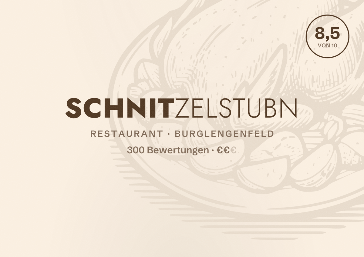 Illustriertes Poster von Schnitzelstubn, Restaurant in Burglengenfeld: Bewertung 8,5 von 10 aus 300 Bewertungen, Preisniveau €€