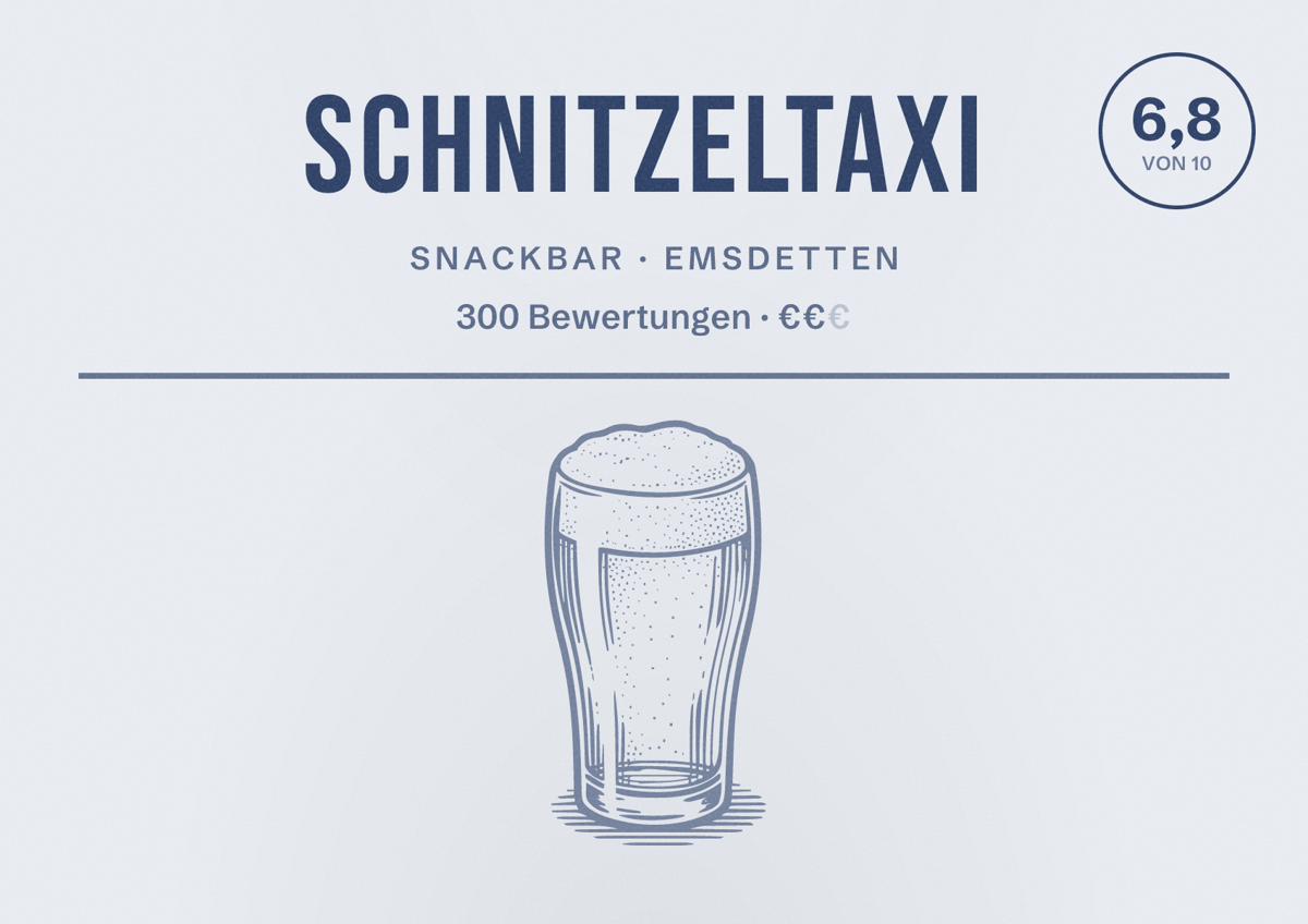 Illustriertes Poster von Schnitzeltaxi, Snackbar in Emsdetten: Bewertung 6,8 von 10 aus 300 Bewertungen, Preisniveau €€