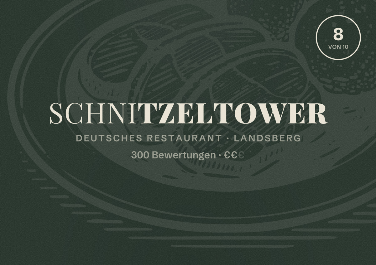 Illustriertes Poster von Schnitzeltower, Deutsches Restaurant in Landsberg: Bewertung 8 von 10 aus 300 Bewertungen, Preisniveau €€