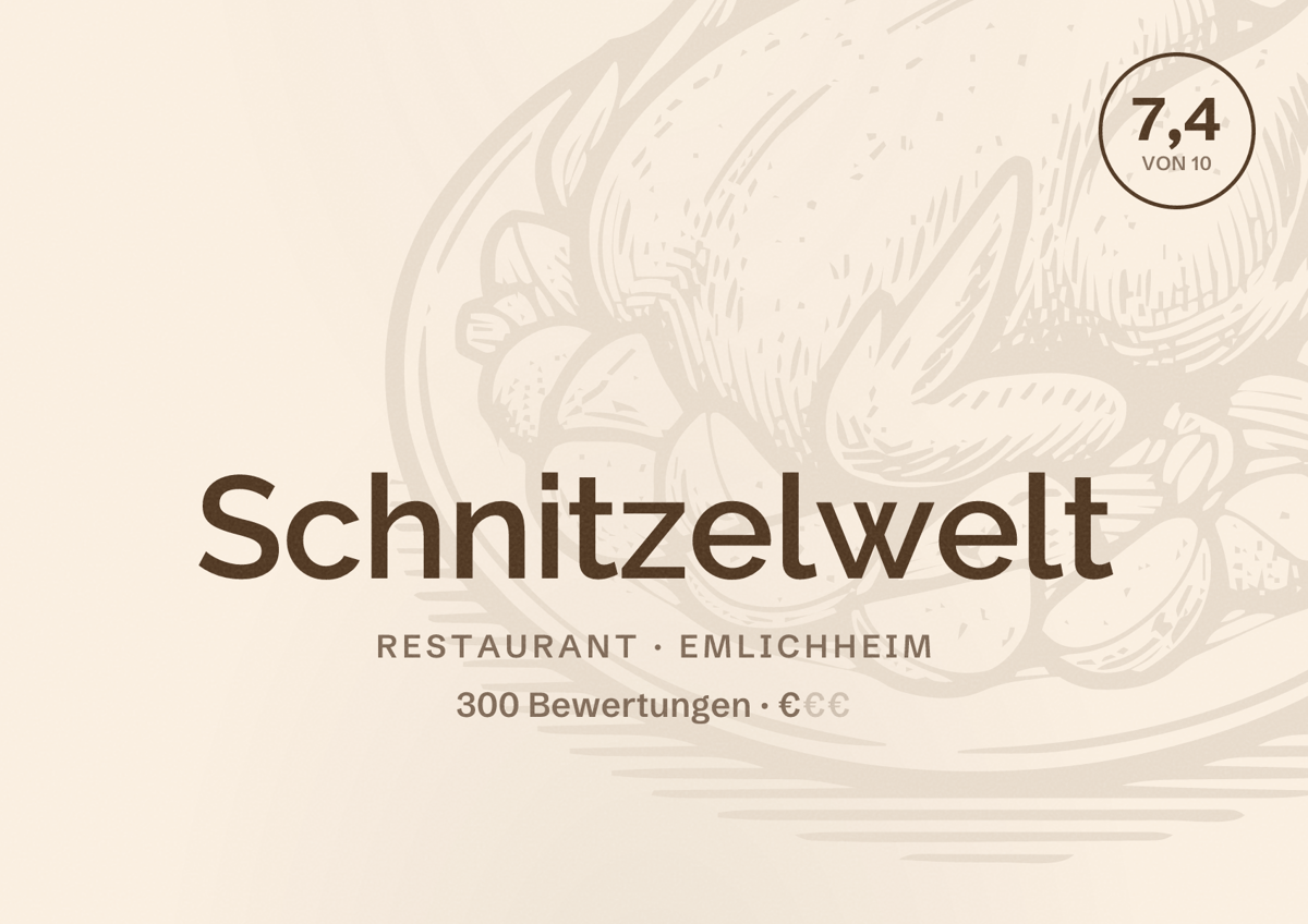 Illustriertes Poster von Schnitzelwelt, Restaurant in Emlichheim: Bewertung 7,4 von 10 aus 300 Bewertungen, Preisniveau €
