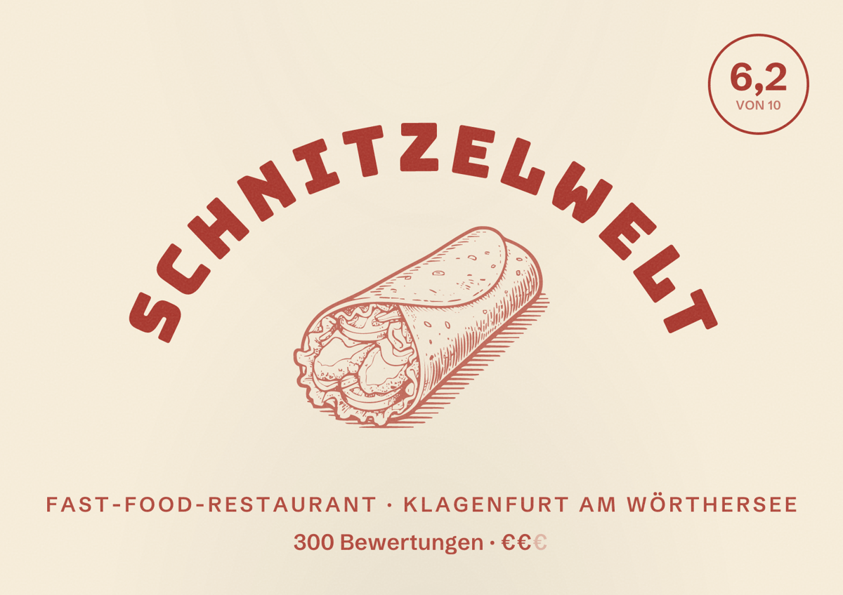 Illustriertes Poster von Schnitzelwelt, Fast-Food-Restaurant in Klagenfurt am Wörthersee: Bewertung 6,2 von 10 aus 300 Bewertungen, Preisniveau €€