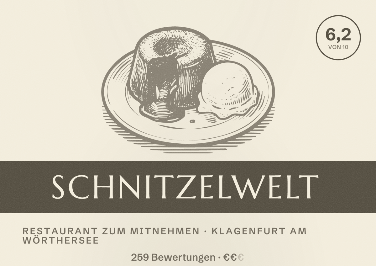 Illustriertes Poster von Schnitzelwelt, Restaurant zum Mitnehmen in Klagenfurt am Wörthersee: Bewertung 6,2 von 10 aus 259 Bewertungen, Preisniveau €€