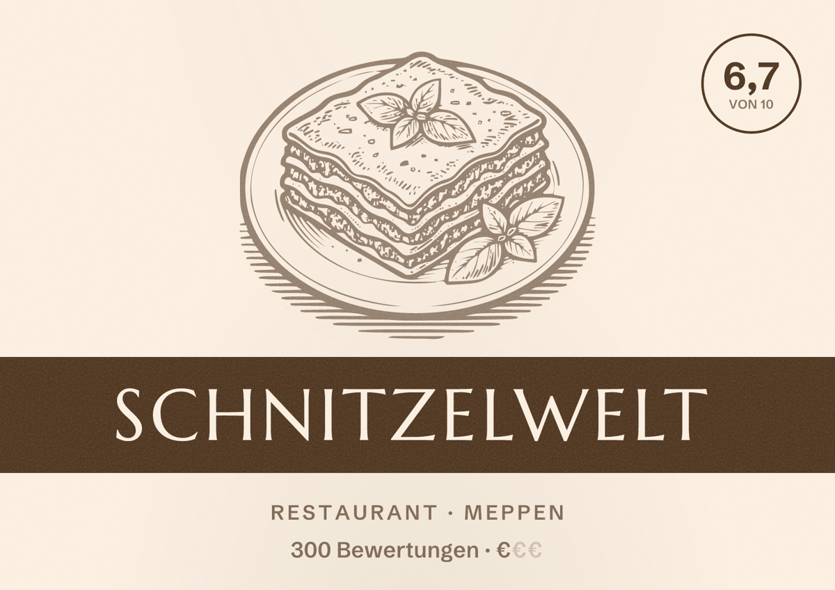 Illustriertes Poster von Schnitzelwelt, Restaurant in Meppen: Bewertung 6,7 von 10 aus 300 Bewertungen, Preisniveau €