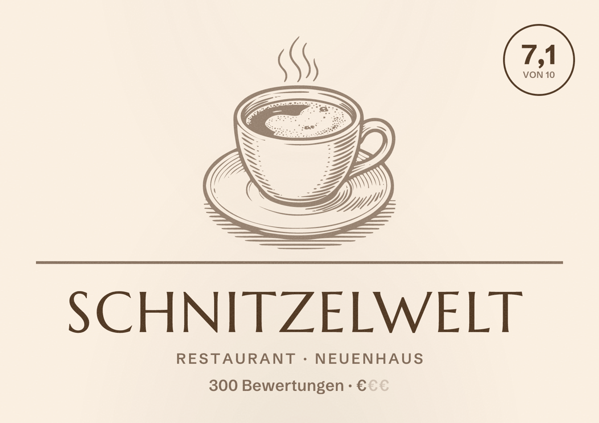 Illustriertes Poster von Schnitzelwelt, Restaurant in Neuenhaus: Bewertung 7,1 von 10 aus 300 Bewertungen, Preisniveau €