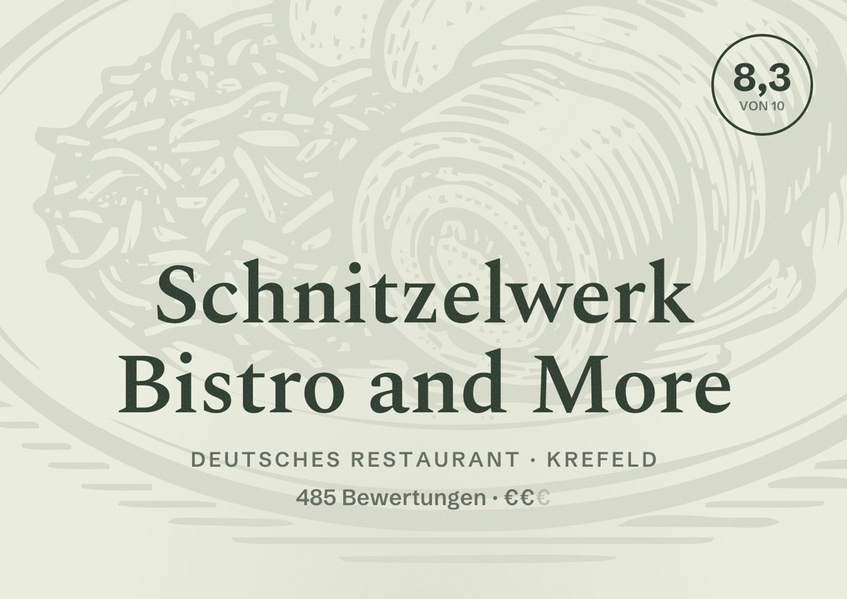 Illustriertes Poster von Schnitzelwerk Bistro and More, Deutsches Restaurant in Krefeld: Bewertung 8,3 von 10 aus 485 Bewertungen, Preisniveau €€