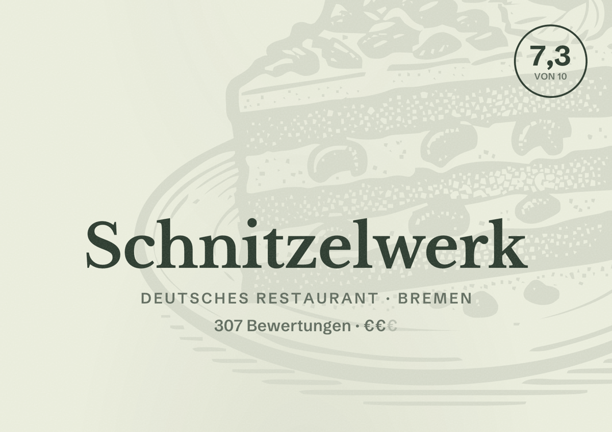 Illustriertes Poster von Schnitzelwerk, Deutsches Restaurant in Bremen: Bewertung 7,3 von 10 aus 307 Bewertungen, Preisniveau €€