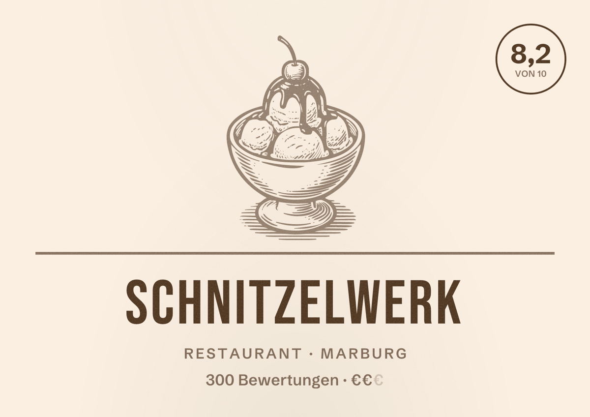 Illustriertes Poster von Schnitzelwerk, Restaurant in Marburg: Bewertung 8,2 von 10 aus 300 Bewertungen, Preisniveau €€