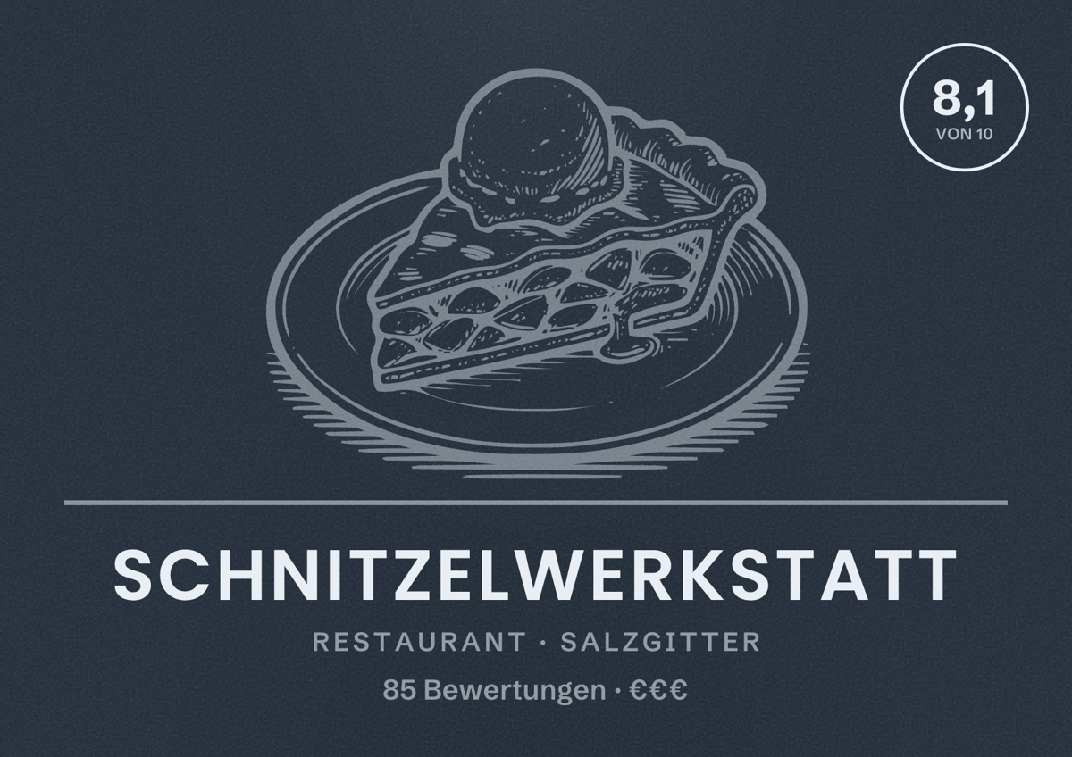 Illustriertes Poster von Schnitzelwerkstatt, Restaurant in Salzgitter: Bewertung 8,1 von 10 aus 85 Bewertungen, Preisniveau €€€