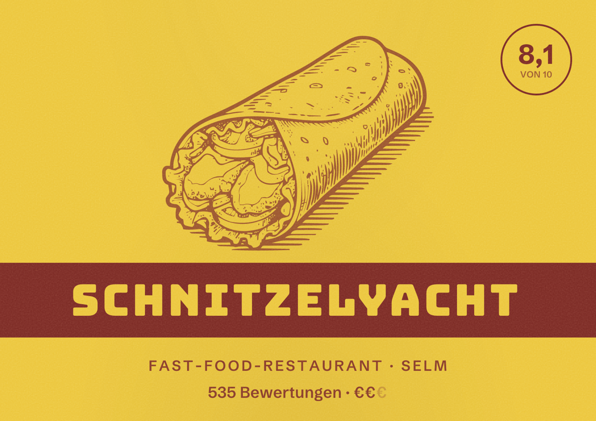 Illustriertes Poster von SchnitzelYacht, Fast-Food-Restaurant in Selm: Bewertung 8,1 von 10 aus 535 Bewertungen, Preisniveau €€