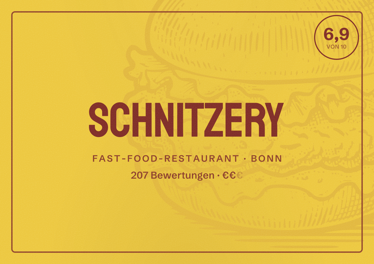 Illustriertes Poster von Schnitzery, Fast-Food-Restaurant in Bonn: Bewertung 6,9 von 10 aus 207 Bewertungen, Preisniveau €€