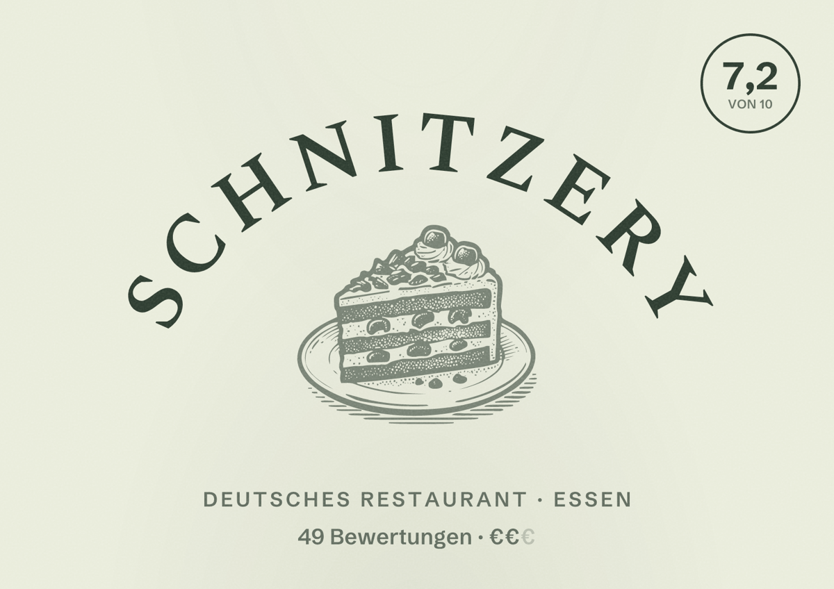 Illustriertes Poster von Schnitzery, Deutsches Restaurant in Essen: Bewertung 7,2 von 10 aus 49 Bewertungen, Preisniveau €€
