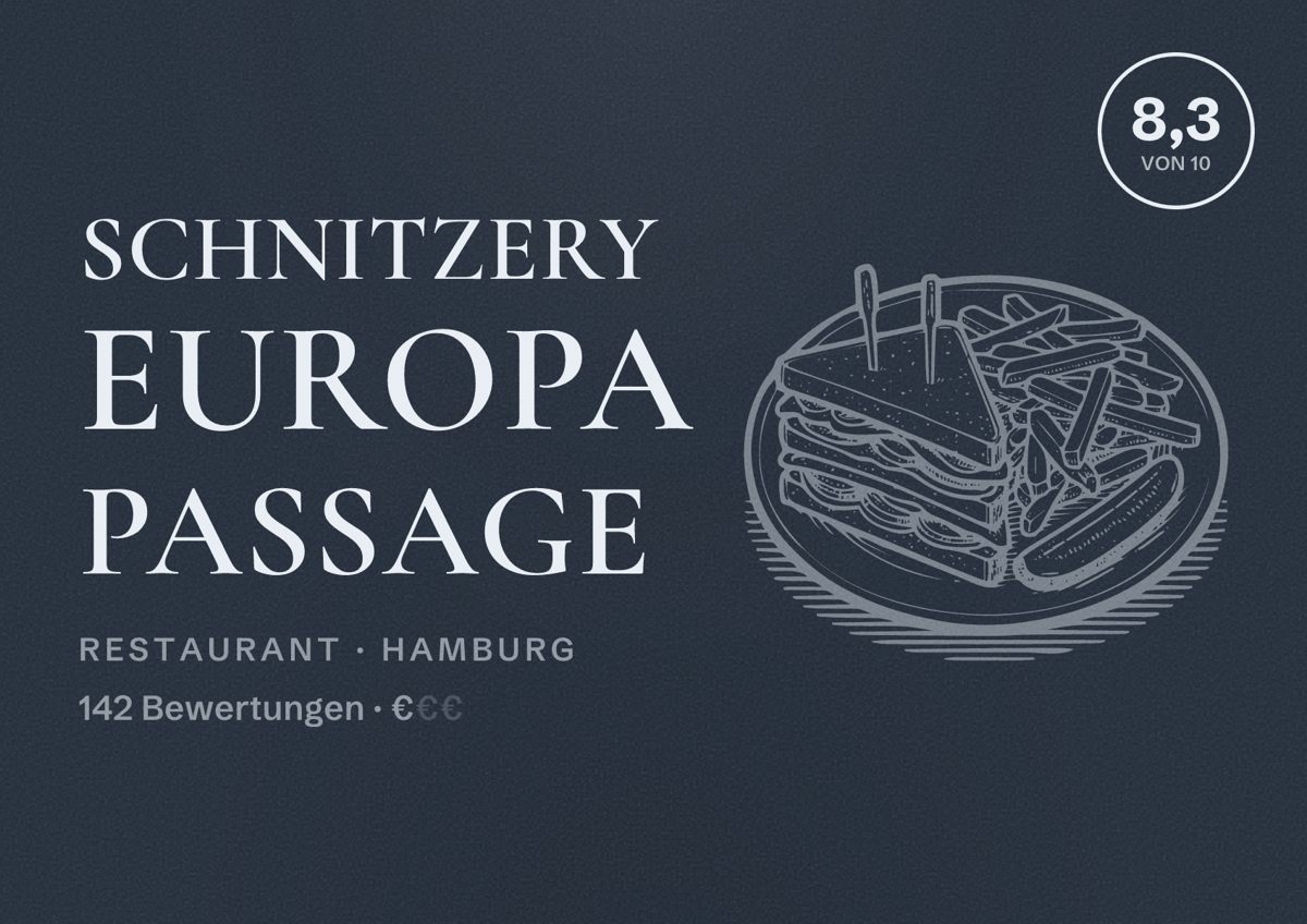 Illustriertes Poster von Schnitzery Europa Passage, Restaurant in Hamburg: Bewertung 8,3 von 10 aus 142 Bewertungen, Preisniveau €