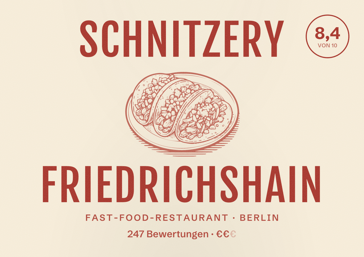 Illustriertes Poster von Schnitzery Friedrichshain, Fast-Food-Restaurant in Berlin: Bewertung 8,4 von 10 aus 247 Bewertungen, Preisniveau €€