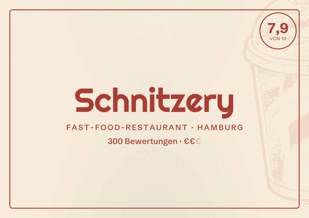 Illustriertes Poster von Schnitzery, Fast-Food-Restaurant in Hamburg: Bewertung 7,9 von 10 aus 300 Bewertungen, Preisniveau €€