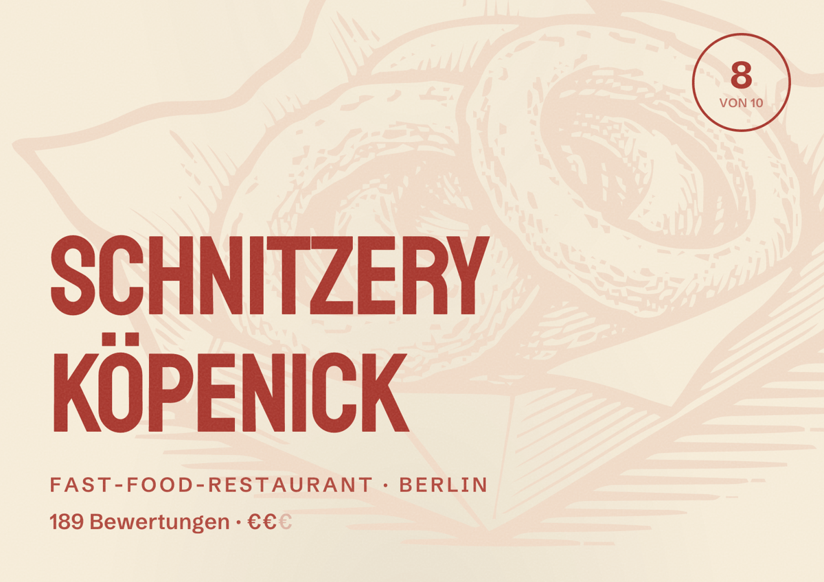 Illustriertes Poster von Schnitzery Köpenick, Fast-Food-Restaurant in Berlin: Bewertung 8,0 von 10 aus 189 Bewertungen, Preisniveau €€